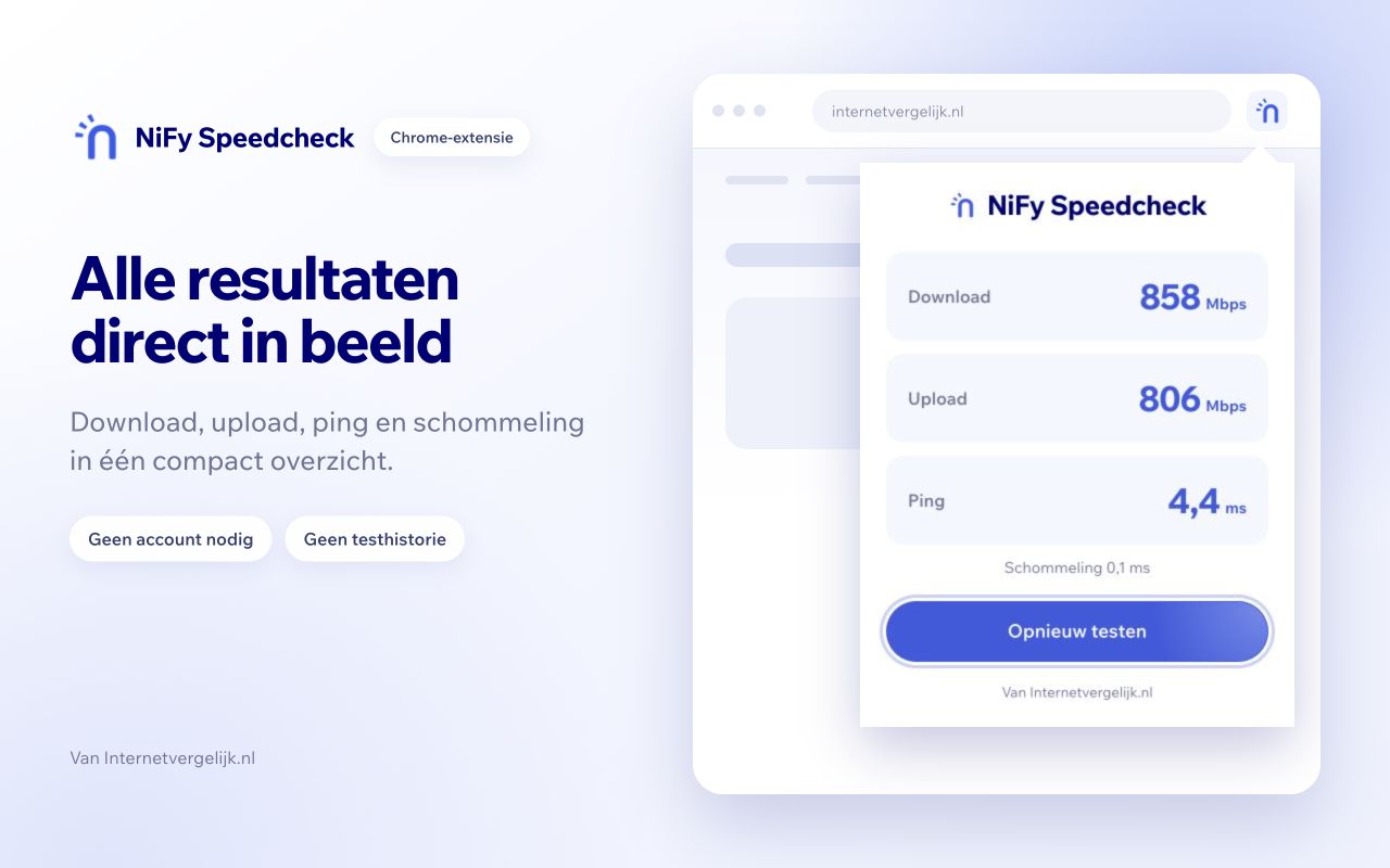 NiFy Speedcheck met download-, upload- en pingresultaten